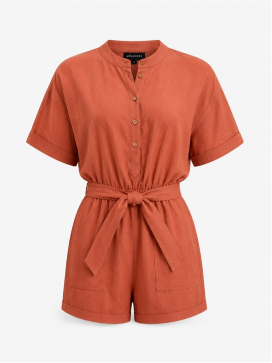 gibsonlook Pants - Gibsonlook Linen Blend Romper Small Brick Orange Tie Waist Short Sleeve NWT